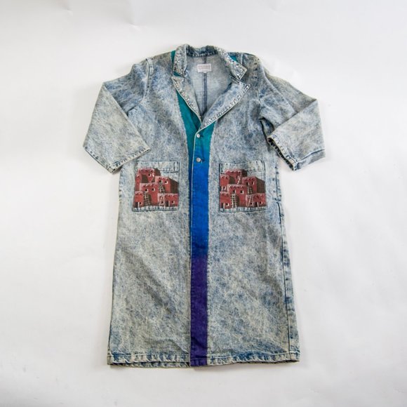 80s Acid Wash Hand Painted Southwestern Duster L L - Picture 6 of 11